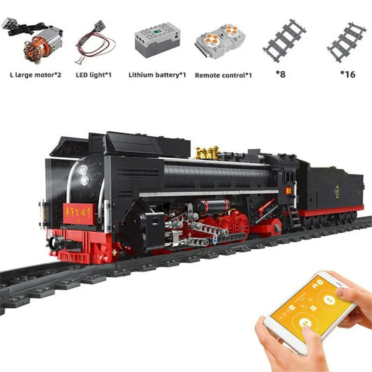 MOC Motorized APP RC QJ Steam Locomotive Train Bricks Toys