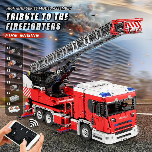 MOC Tech Motorized RC Ladder Truck Rescue Fire Engine Bricks Toy