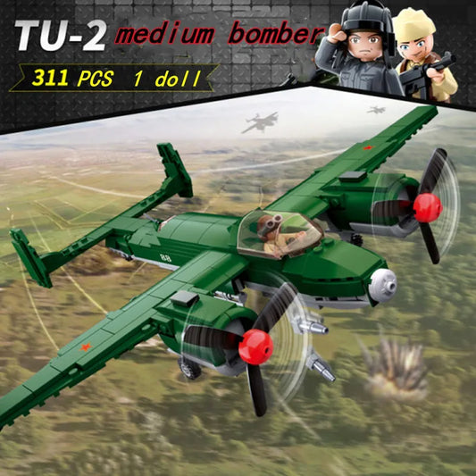 Military MOC WW2 TU-2 Bomber Aircraft Bricks Toys