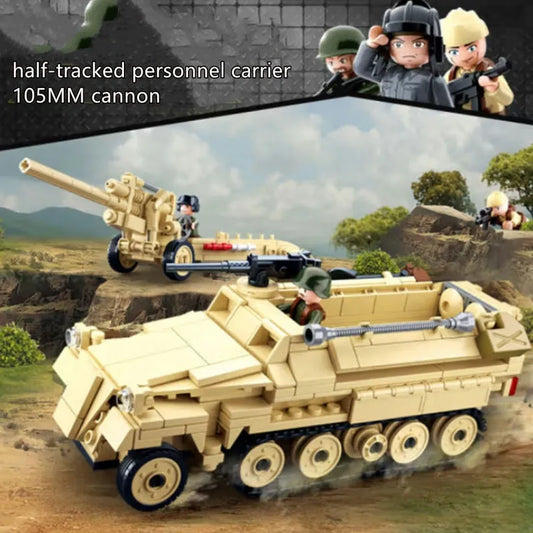 MOC Military WW2 Half Track Cannon Truck Bricks Toy