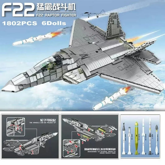 MOC Military Aircraft F22 Raptor Fighter Jet Bricks Toy