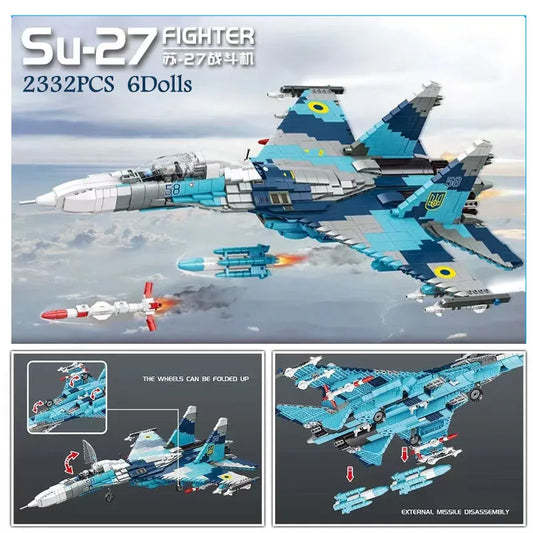 MOC Military WW2 Aircraft SU-27 Fighter Jet Bricks Toy