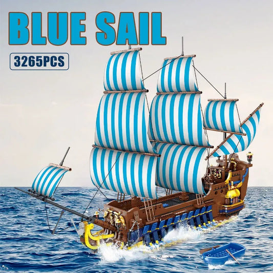 MOC Pirates Caribbean Blue Sail Ship Bricks Toys