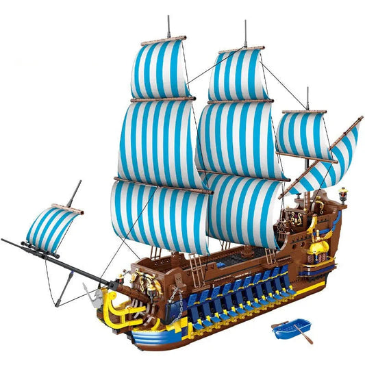 MOC Pirate Historical Blue Sail Ship Bricks Toy