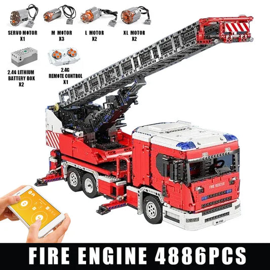 MOC Tech Motorized RC Ladder Truck Rescue Fire Engine Bricks Toy