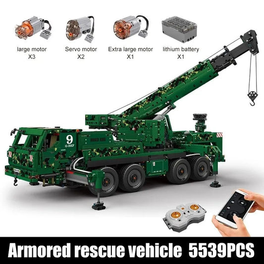 Tech MOC RC Heavy Truck Armored Recovery Crane G-BKF Bricks Toy
